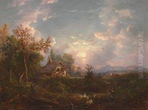Landscape With Man Fishing by Marie-Regis-Francois Gignoux