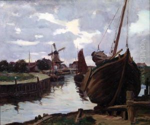 Bateaux Dans Un Port Hollandais by Clarence Montfort Gihon