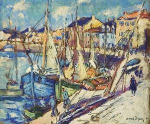 Activities By The Harbor, At Work At The Docks by Clarence Montfort Gihon