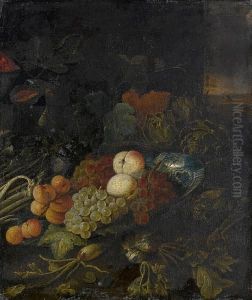 A Dish With Peaches, Grapes And Apricots, With Artichokes, Asparagus And Figs On A Table-top