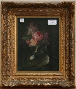 Still Life Study Of Roses And Lilac In A Glass Vase by Joseph-Eugene Gilbault