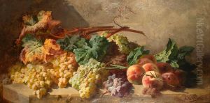 Grappes De Raisins Et Peches Sur Un Entablement Depierre by Ellen Gilbert