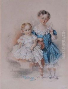 Portrait Of Two Young Girls With Ribbon by Josiah Gilbert