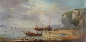 Bateaux De Peche Sur La Greve Pres D'une Falaise by Pierre Julien Gilbert