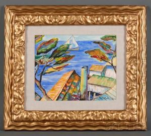 Rooftop View To The Sea With Sailboat by Selden Connor Gile