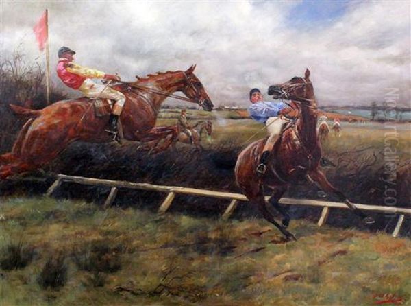 Jockeys Taking A Fence - view 1