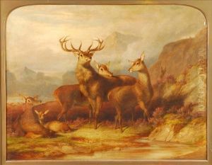 Stag And Hinds In Ahighland Landscape by James William Giles