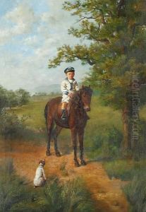 Boy On A Pony With A Dog In Parkland