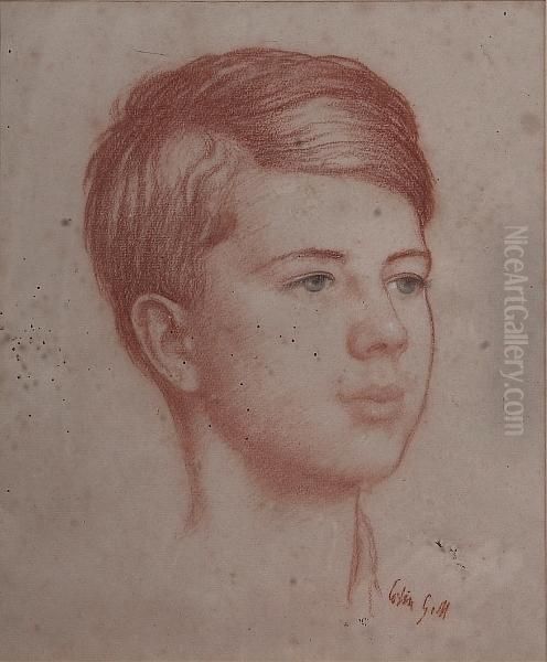A Red Conte Portrait Study Of A Boy, Signed Lower Right - view 1