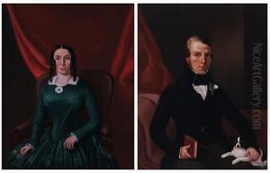 A Lady In A Green Dress Against A Red Background; A Gentleman Seated With A Dog On His Lap by E.W. Gill