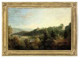 An Extensive River Landscape With Buildings Beyond by William Gill