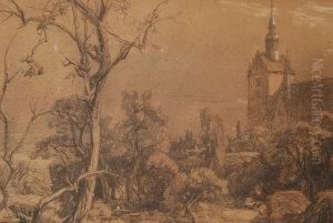 View Of A Church With Woodland by Christian Friedrich Gille