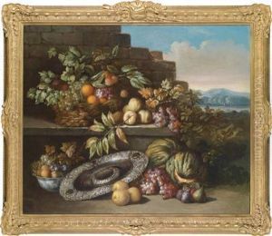 A Still Life Of Fruit In A Silver Dish On A Pedestal In A Vast Landscape A Still Life Of Fruit In A Silver Dish On A Pedestal In A Vast Landscape