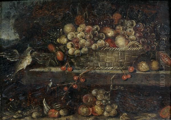 Nature Morte Au Panier De Fruits Et Oiseau - view 1