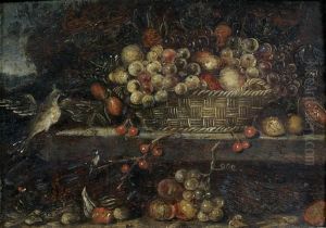 Nature Morte Au Panier De Fruits Et Oiseau by Jan Pauwel Gillemans The Elder