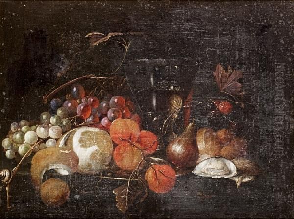 A Still Life Of Grapes, A Peeled Lemon Andapricots On A Silver Dish, A Roemer Of White Wine, Figs, Oysters,blackberries And A Bread Roll With A Snail On A Stone Ledge - view 1