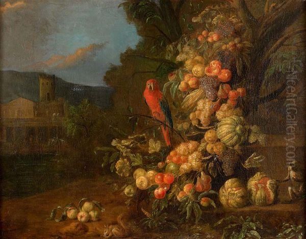 Composition De Fruits Avec Un Ara, Un Singe Et Un Ecureuil Sur Un Fond Paysager - view 1