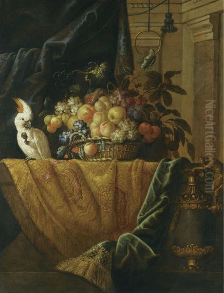 A Still Life With A Basket Of Fruit And A Parakeet Upon A Ledge Draped With A Damask Beside An Ormolu Mounted Porphyry Vase - view 1