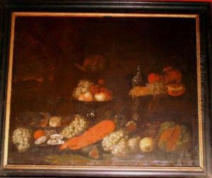 Large Still Life With Lobster Fruits And A Wanli Bottle In Landscape