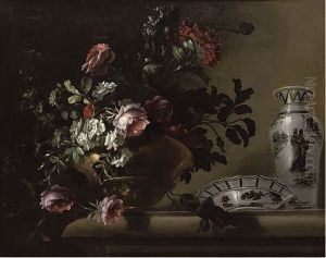 Red And White Roses In A Brass Urn With A Porcelain Bowl And Vase On A Stone Ledge by Charles Gilles Dutillieu
