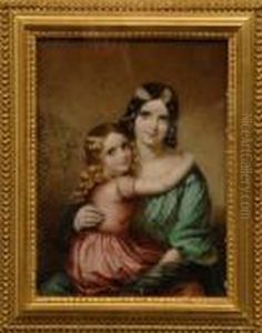Portrait Of A Mother And Child, Wearing Green And Pink Silk Dresses by Margaret Gillies
