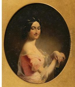 A Portrait Of Mrs Charles Walpole, Standing Half-length In Pink Gown With Pearls In Her Hair by Margaret Gillies