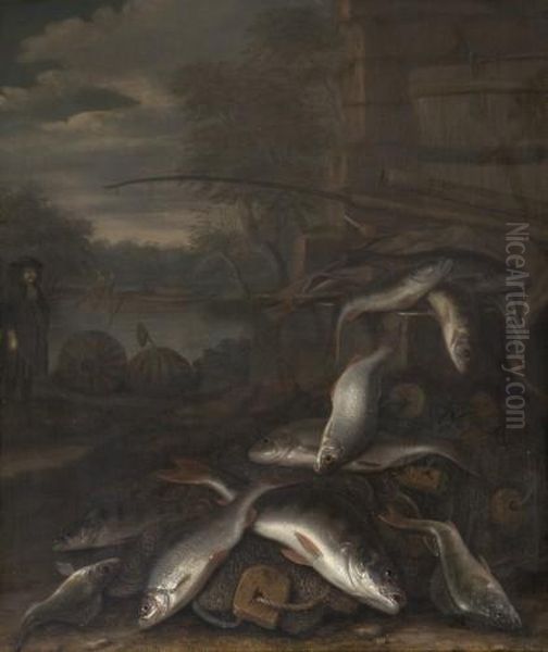Nature Morte Aux Peches, Mat De Peche Et Gardons Avec Leportrait Presume D'isaac Watton - view 1
