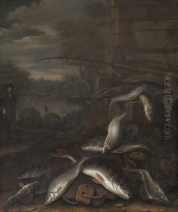 Nature Morte Aux Peches, Mat De Peche Et Gardons Avec Leportrait Presume D'isaac Watton