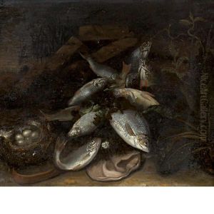 Still Life With Fish And A Bird's Nest With Eggs In A Landscape by Jakob Gillig