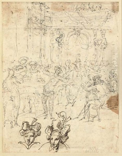 Musicians And A Harlequin Performing At A Banquet - view 1