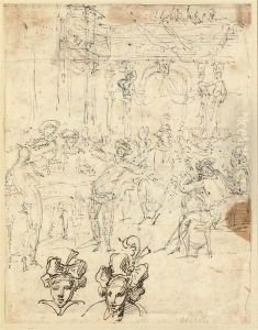 Musicians And A Harlequin Performing At A Banquet by Claude Gillot