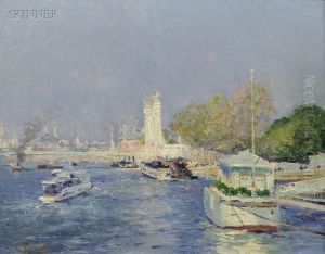 View Of Boats Along The Seine by Eugne-Louis Gillot