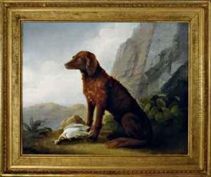 A Hunting Dog With Its Prey In A Landscape