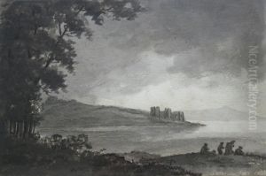 Figures And A Ruin By A Lake by William Gilpin