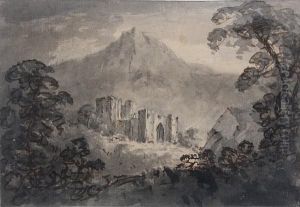 View Of Abbey Ruins Before Mountains; Ruins By A Lake by William Gilpin