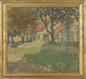 Impressionistic Landscape With A Yellow House Behind Trees by Mary Gine Riley