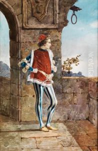 Hofischer Jungling Im Mittelalterlichenkostum An Einem Mauerbogen Mit Blick In Die Landschaft by Belisario Gioja