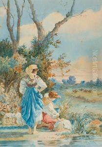 Popolane Al Fiume Con Scena Di Caccia Alla Volpe by Belisario Gioja