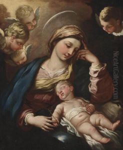 The Madonna And Child Surrounded By Cherubs by Luca Giordano