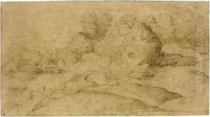 A Rocky Wooded Landscape With Herdsmen, A Village Beyond