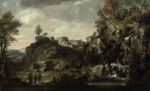 A Wooded River Landscape With Christ On The Road To Emmaus by Giovanni Francesco Grimaldi