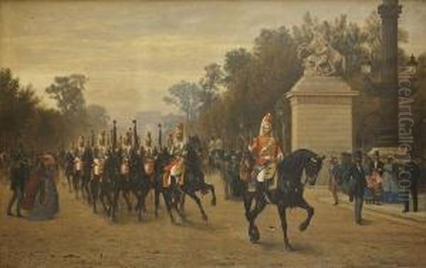 Le Peloton Des Etendards Des Cents-gardes Revenant De La Revue Sur Les Champs-elysees - view 1