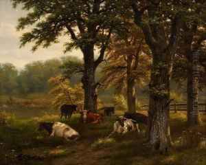 Sonnenbeschienene Waldlichtung Mit Ruhenden Kuhen by Albert Girard