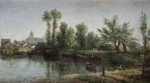 Barques Devant Moret-sur-loing by Hippolyte Girard