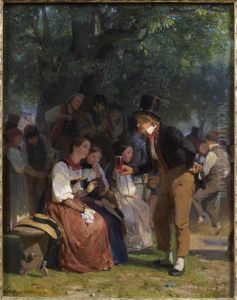 Jeune Homme Offrant Un Rafraichissement A Une Jeune Fille Lors D'une Fete Villageoise by Edouard-Henri Girardet