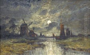 Nachtliche Flusspartie Mit Windmuhlen.