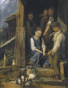 Enfants Donnant A Manger A Des Lapins by Karl Girardet