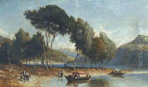 Sommerliche Flusslandschaft Mit Barken Und Staffage by Karl Girardet