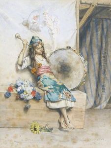 Junges Zirkusmadchen Mit Tamburin. by Leon Girardet