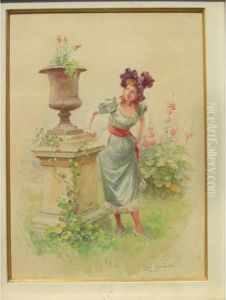 Elegante Dans Le Parc Aquarelle by Leon Girardet